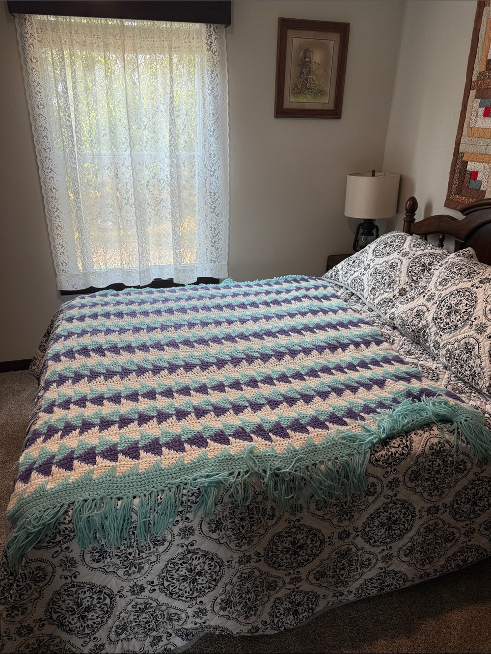 Handmade Chevron Throw Blanket in turquoise , Purple & white
